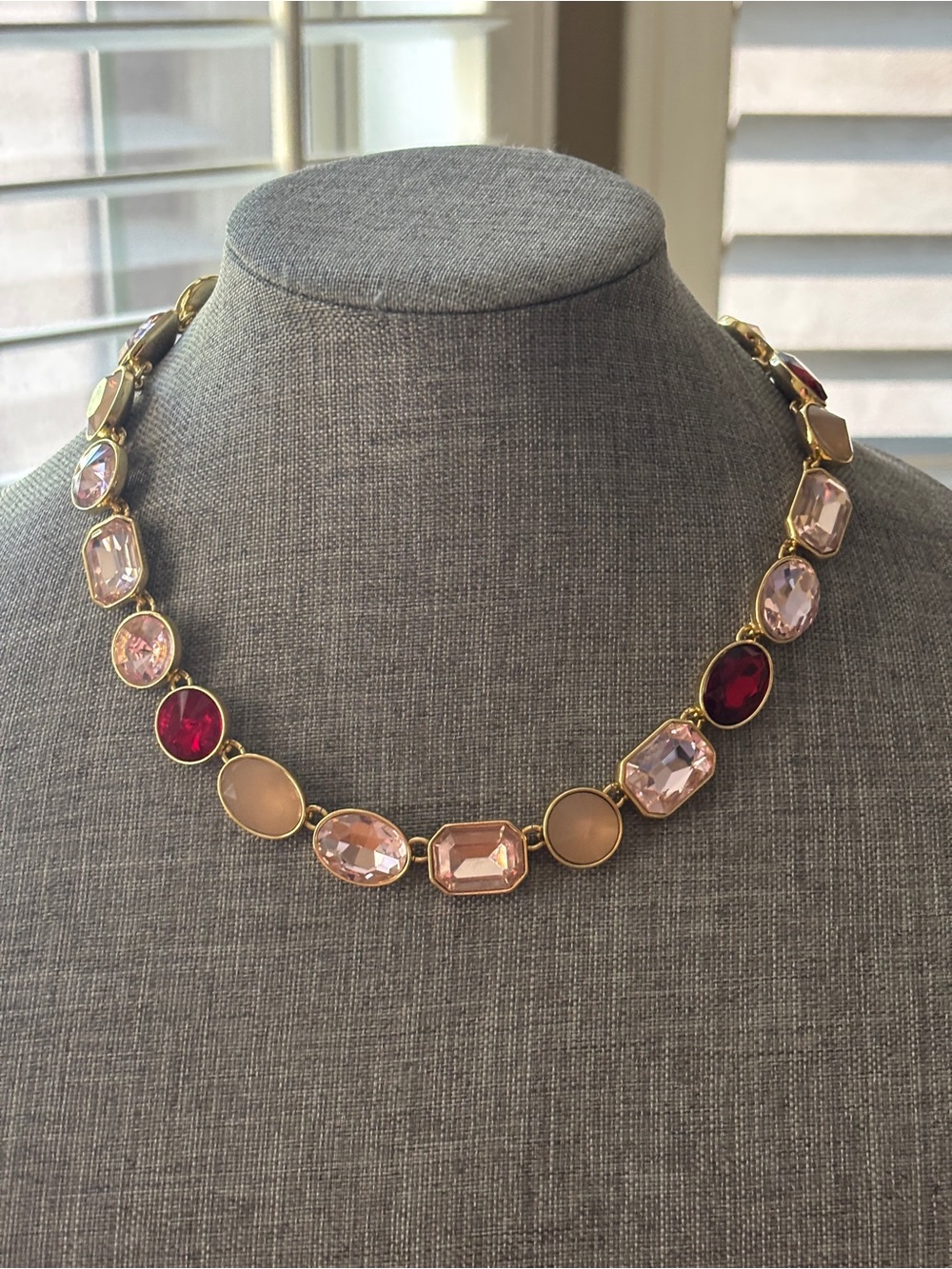 Talbots Bold Gold-Tone Pink and Ruby Glass Stone Choker Necklace